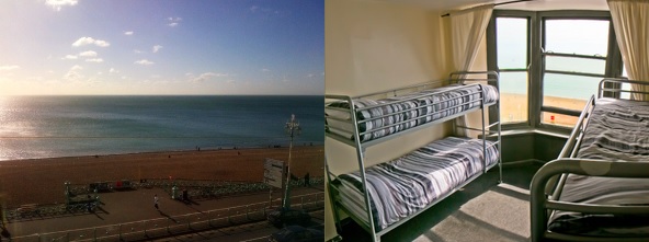Views of Brighton beach and the inside of one of the bedrooms.
