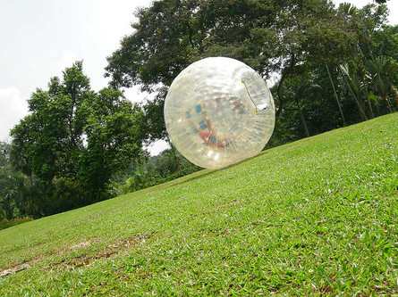 A person trying out the zorbing activity.